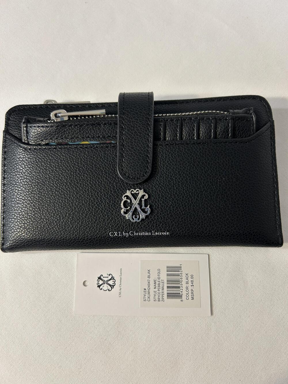 CXL By Christian Lacroix Wallet Womens Black Bryce Pebble ID Fold Zipper Logo